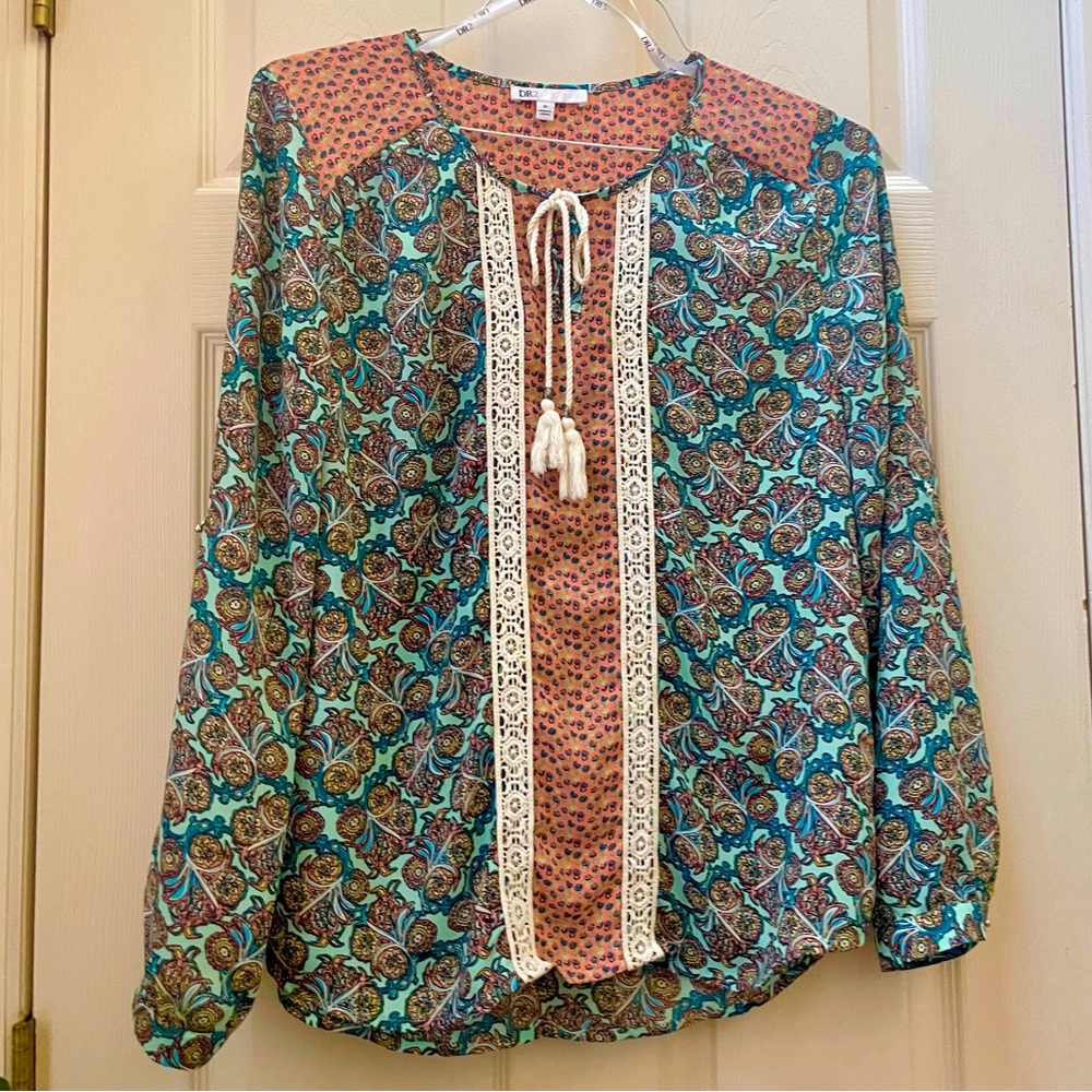 DR2 Teal and Coral Blouse with white tassel tie,  size Medium
